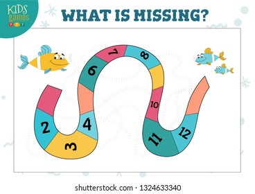 Counting game with cartoon fish and sequence of numbers vector illustration. Development activity, puzzle for preschool children 