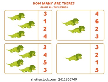 Juego de conteo con lagartijas de cuello frito. Hoja de trabajo educativa.