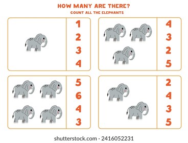 Counting game with cartoon gray elephants. Educational worksheet.