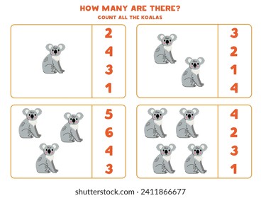 Counting game with cartoon gray koalas. Educational worksheet.