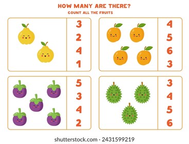 Counting game with cartoon kawaii exotic fruits. Educational worksheet.