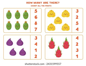 Counting game with cartoon kawaii exotic fruits. Educational worksheet.
