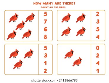 Counting game with cartoon red cardinal birds. Educational worksheet.