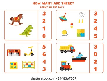 Counting game with cartoon toys. Educational worksheet.