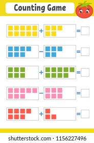 Counting game for children. Addition and subtraction. Activity worksheet. A simple flat vector illustration with a cute character. With a place to write answers