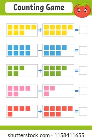 Counting game for children. Addition and subtraction. Activity worksheet. A simple flat vector illustration with a cute character. With a place to write answers