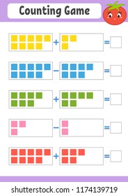 Counting game for children. Addition and subtraction. Activity worksheet. A simple flat vector illustration with a cute character. With a place to write answers