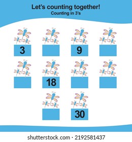 Counting game for children. Count multiples of three. Educational printable math worksheet. Vector illustration.