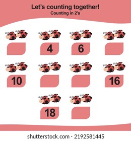 Counting game for children. Count multiples of two. Educational printable math worksheet. Vector illustration.