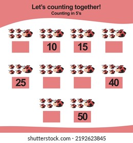 Counting game for children. Count multiples of five. Educational printable math worksheet. Vector illustration.