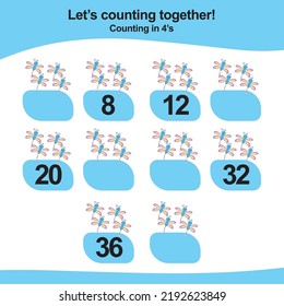 Counting game for children. Count multiples of four. Educational printable math worksheet. Vector illustration.