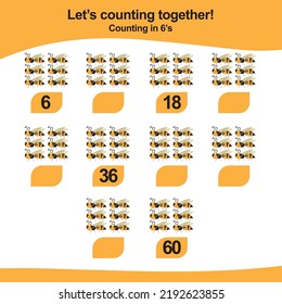 Counting game for children. Count multiples of six. Educational printable math worksheet. Vector illustration.