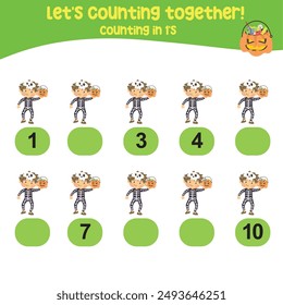 Juego de conteo para niños. Cuenta múltiplos de uno. Hoja de cálculo matemática imprimible educativa. Ejercicio para que los niños reconozcan el número.