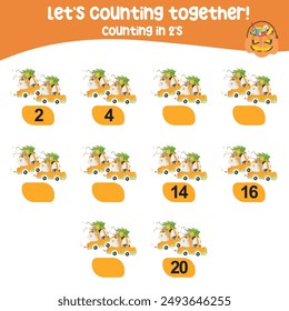 Counting game for children. Count multiples of two. Educational printable math worksheet. Exercise for children to recognize the number.
