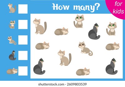 Counting game for children. Cute cats. How many animals are there in the picture.  Calculation for children. Worksheet for preschoolers. Printable.