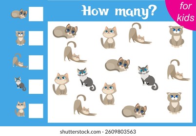Counting game for children. Cute gray kittens. How many animals are there in the picture.  Calculation for children. Worksheet for preschoolers. Printable. 