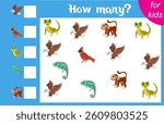 Counting game for children. Eagle, cardinal, lizard, chameleon and monkey. Zoo. How many animals are there in the picture.  Calculation for children. Worksheet for preschoolers. Printable.