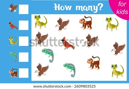Counting game for children. Eagle, cardinal, lizard, chameleon and monkey. Zoo. How many animals are there in the picture.  Calculation for children. Worksheet for preschoolers. Printable.