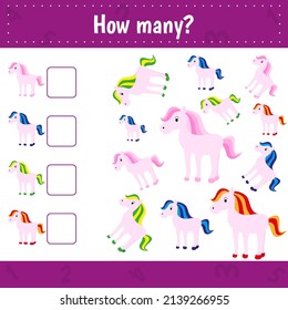 Counting Game for Children eduation. Educational a mathematical game. Count how many unicorns