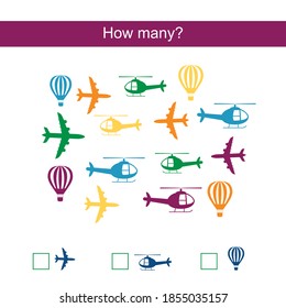 Counting game for children. Educational mathematical game. Count how many airplane and write result