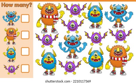 Counting game for children. Educational a mathematical game. Count how many cartoon monsters and write the result.
