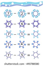 Counting Game for Children. Educational mathematical game in pictures. Subtraction, snowflakes. Color.