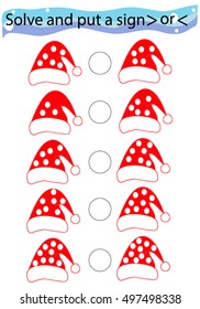 Counting Game for Children.  Educational mathematical game in pictures. Color. Solve and put a sign.