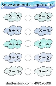 Counting Game for Children.  Educational mathematical game in pictures. Color. Solve and put a sign.