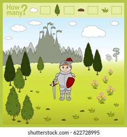 Counting Game for children. Educational a mathematical game. Count how many items and write the result.