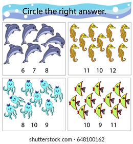 Counting Game for Children. Educational, mathematical game in pictures. Circle the correct answer circle. Sea creatures.

