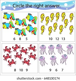 Counting Game for Children. Educational, mathematical game in pictures. Circle the correct answer circle. Sea creatures.
