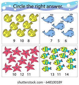 Counting Game for Children. Educational, mathematical game in pictures. Circle the correct answer circle. Sea creatures.
