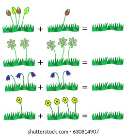 Counting Game for Children . Flowers.  Educational mathematical game in pictures.  Color. Addition.