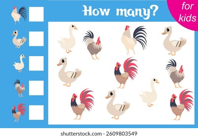 Counting game for children. Goose, rooster and duck. Farm. How many animals are there in the picture.  Calculation for children. Worksheet for preschoolers. Printable. 