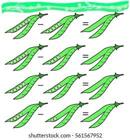 Counting Game for Children .  Green pea.  Educational mathematical game in pictures. Subtraction. Color.