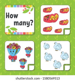 Counting game for children. Happy characters. Learning mathematics. How many object in the picture. Education worksheet. With space for answers. Isolated vector illustration in cute cartoon style.