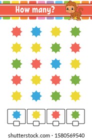 Counting game for children. Happy characters. Learning mathematics. How many object in the picture. Education worksheet. With space for answers. Isolated vector illustration in cute cartoon style.