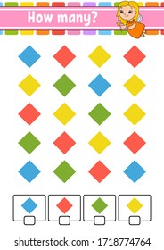 Counting game for children. Happy characters. Learning mathematics. How many object in the picture. Education worksheet. With space for answers. Isolated vector illustration in cute cartoon style.