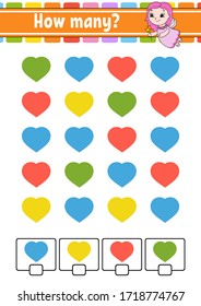 Counting game for children. Happy characters. Learning mathematics. How many object in the picture. Education worksheet. With space for answers. Isolated vector illustration in cute cartoon style.