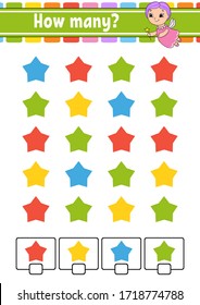 Counting game for children. Happy characters. Learning mathematics. How many object in the picture. Education worksheet. With space for answers. Isolated vector illustration in cute cartoon style.