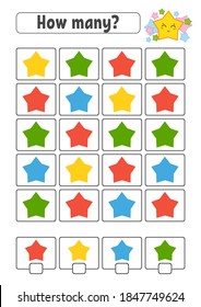 Counting game for children. Happy characters. Learning mathematics. How many object in the picture. Education worksheet. With space for answers. Isolated vector illustration in cute cartoon style.