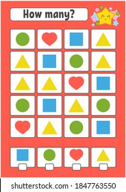 Counting game for children. Happy characters. Learning mathematics. How many object in the picture. Education worksheet. With space for answers. Isolated vector illustration in cute cartoon style.