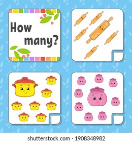 Counting game for children. Happy characters. Learning mathematics. How many object in the picture. Education worksheet. With space for answers. Isolated vector illustration in cute cartoon style.