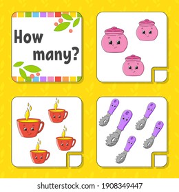 Counting game for children. Happy characters. Learning mathematics. How many object in the picture. Education worksheet. With space for answers. Isolated vector illustration in cute cartoon style.