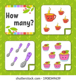 Counting game for children. Happy characters. Learning mathematics. How many object in the picture. Education worksheet. With space for answers. Isolated vector illustration in cute cartoon style.