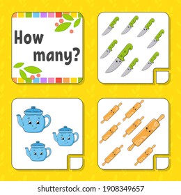 Counting game for children. Happy characters. Learning mathematics. How many object in the picture. Education worksheet. With space for answers. Isolated vector illustration in cute cartoon style.