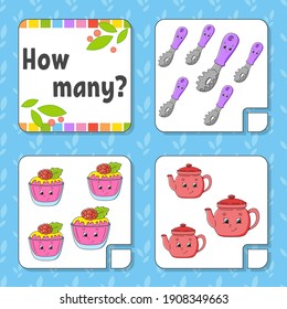 Counting game for children. Happy characters. Learning mathematics. How many object in the picture. Education worksheet. With space for answers. Isolated vector illustration in cute cartoon style.