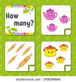 Counting game for children. Happy characters. Learning mathematics. How many object in the picture. Education worksheet. With space for answers. Isolated vector illustration in cute cartoon style.