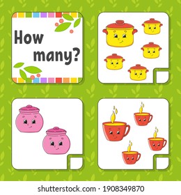 Counting game for children. Happy characters. Learning mathematics. How many object in the picture. Education worksheet. With space for answers. Isolated vector illustration in cute cartoon style.