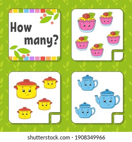 Counting game for children. Happy characters. Learning mathematics. How many object in the picture. Education worksheet. With space for answers. Isolated vector illustration in cute cartoon style.